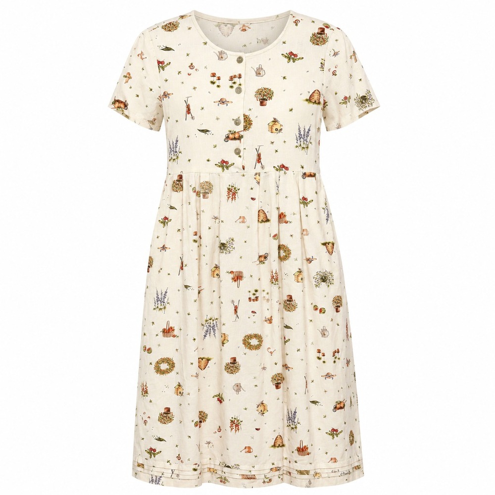 Vtg Lands End Cottagecore Garden Print Linen Dress Size 12 English Countryside